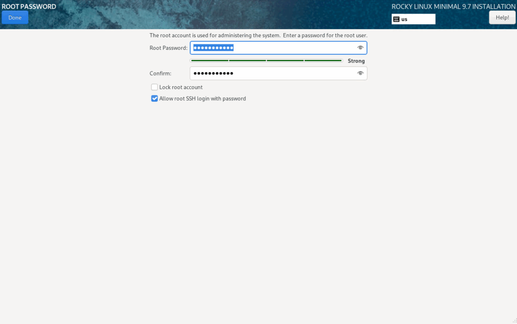 root password screen
