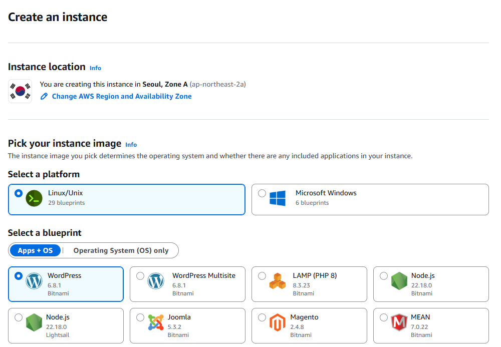 AWS Lightsail Instance Setup Screen