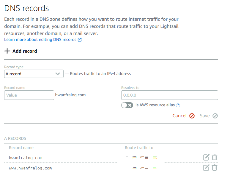 AWS Lightsail DNS Records Screen